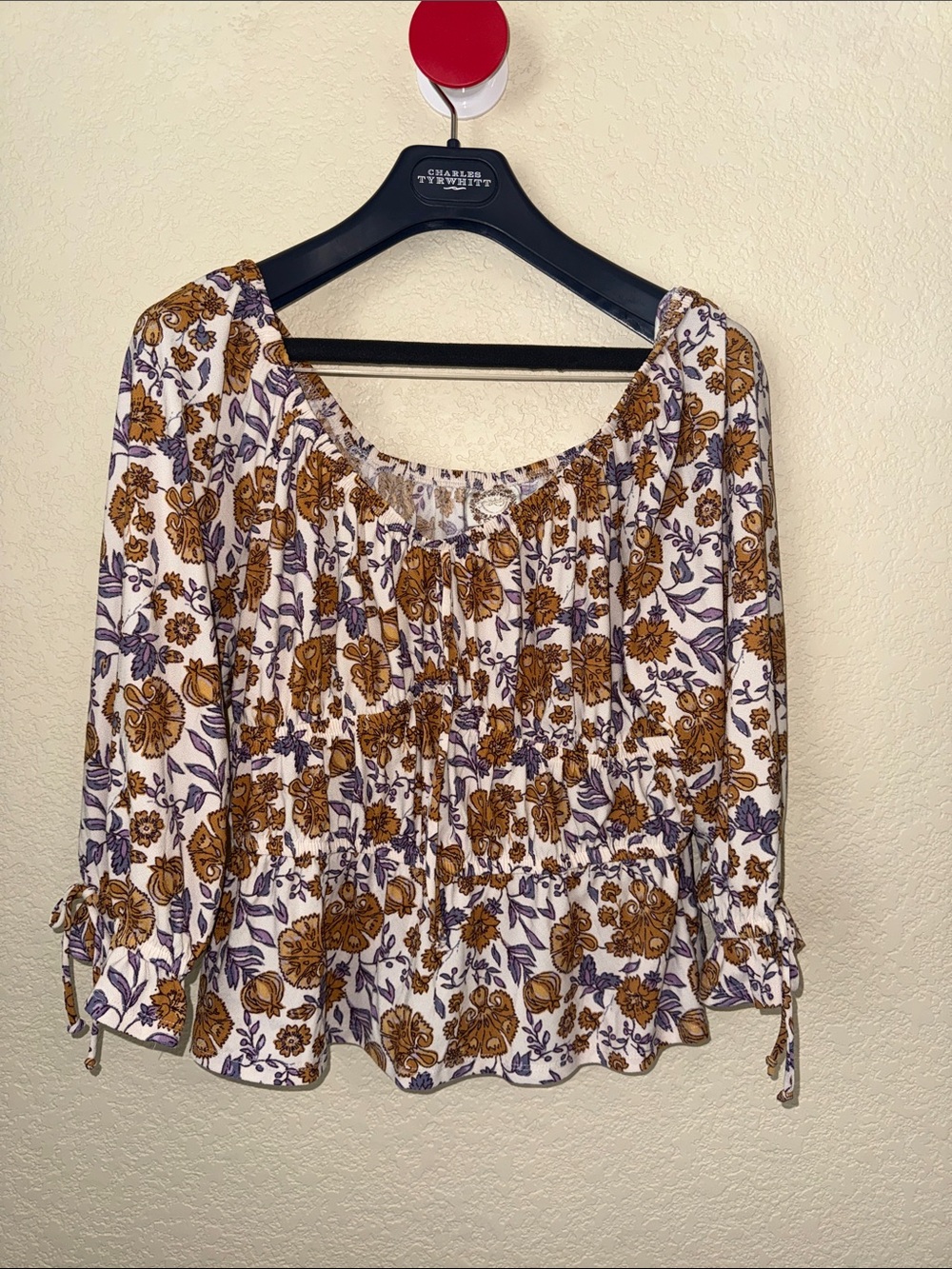 Belle Sky Floral Peasant Top Size M Boho Smocked Blouse